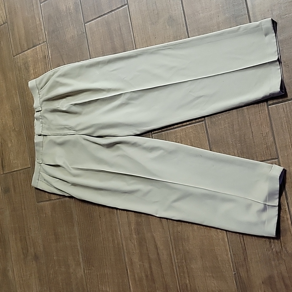 Greg Norman light tan pleated dress pants cuffs polyester 34x30 Shark logo EUC…